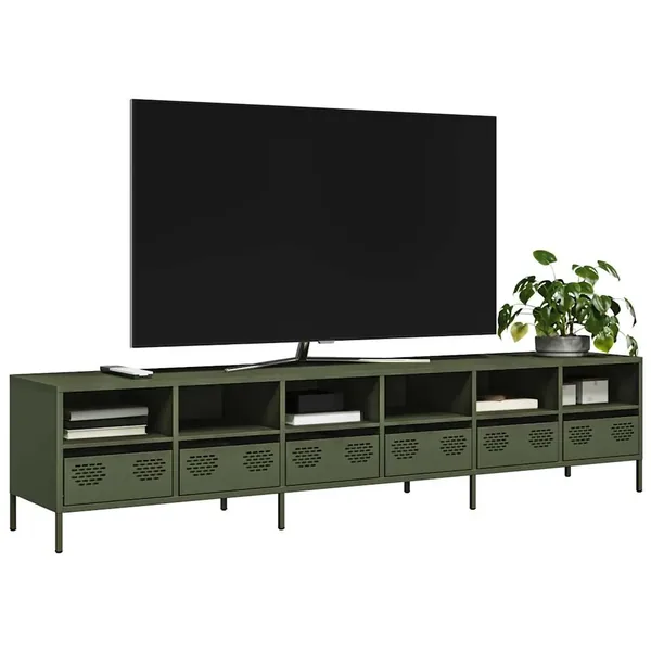 Meuble TV vert olive 202x39x43,5 cm acier laminé à froid