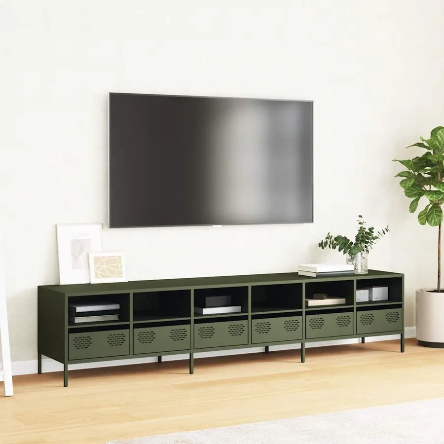Meuble TV vert olive 202x39x43,5 cm acier laminé à froid - 3