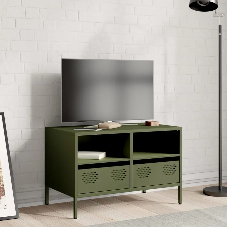 Meuble TV vert olive 68x39x43,5 cm acier laminé à froid - 3