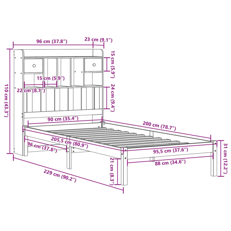 Lit bibliothèque sans matelas blanc 90x200cm bois de pin massif - 11
