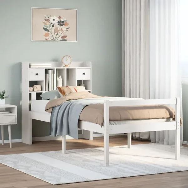 Lit bibliothèque sans matelas blanc 90x190cm bois de pin massif