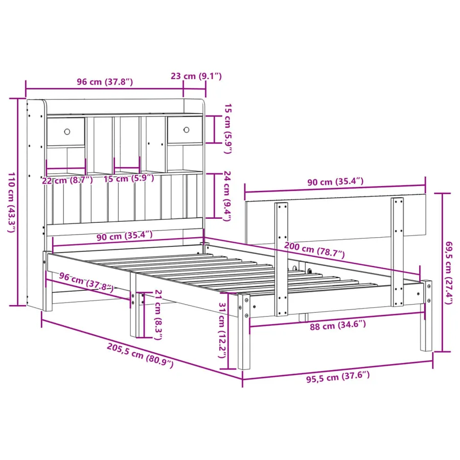 Lit bibliothèque sans matelas blanc 90x200cm bois de pin massif - 11