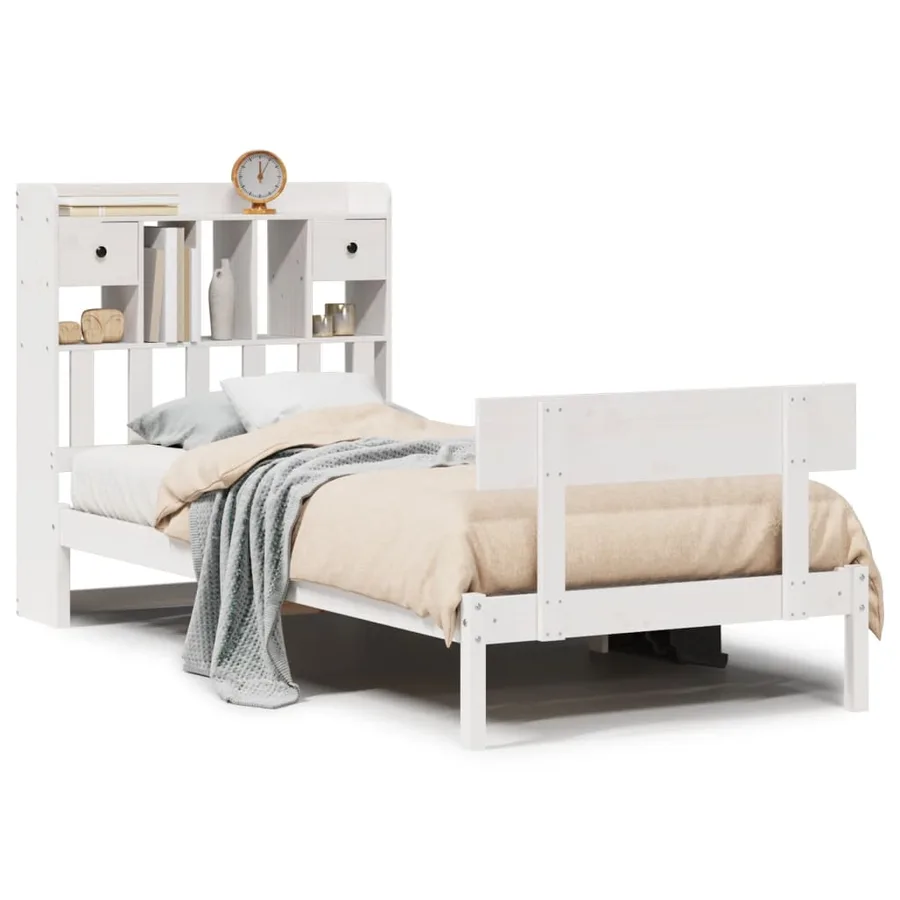 Lit bibliothèque sans matelas blanc 90x200cm bois de pin massif - 2