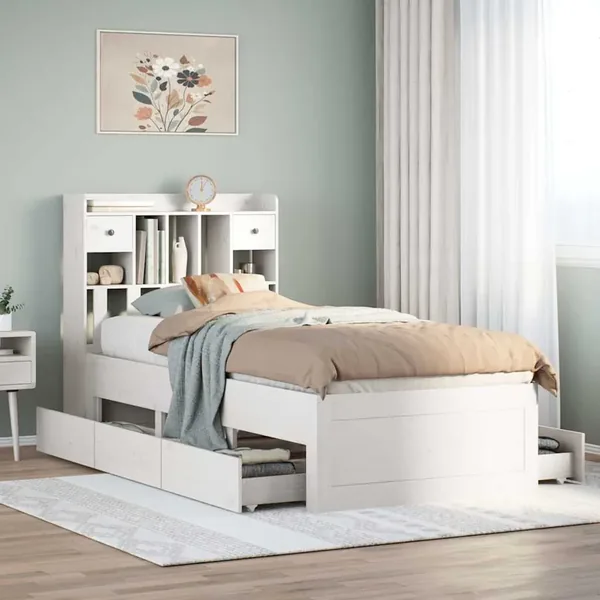 Lit bibliothèque sans matelas blanc 90x200cm bois de pin massif
