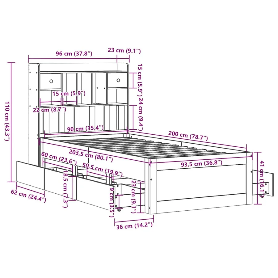 Lit bibliothèque sans matelas blanc 90x200cm bois de pin massif - 15