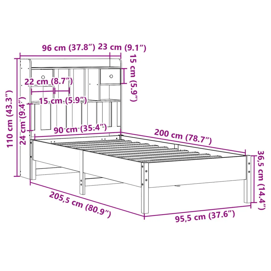 Lit bibliothèque sans matelas 90x200 cm bois de pin massif - 11