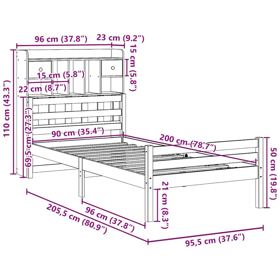 Lit bibliothèque sans matelas 90x200 cm bois de pin massif - 11