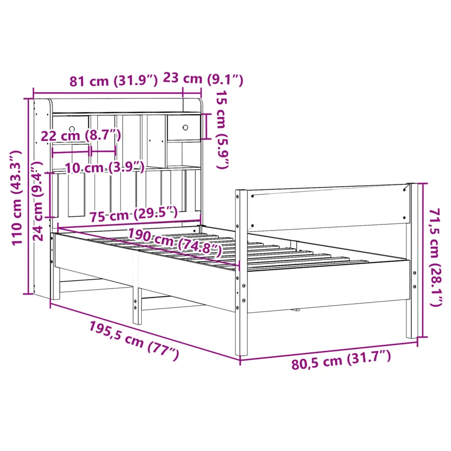 Lit bibliothèque sans matelas cire marron 75x190 cm pin massif - 11
