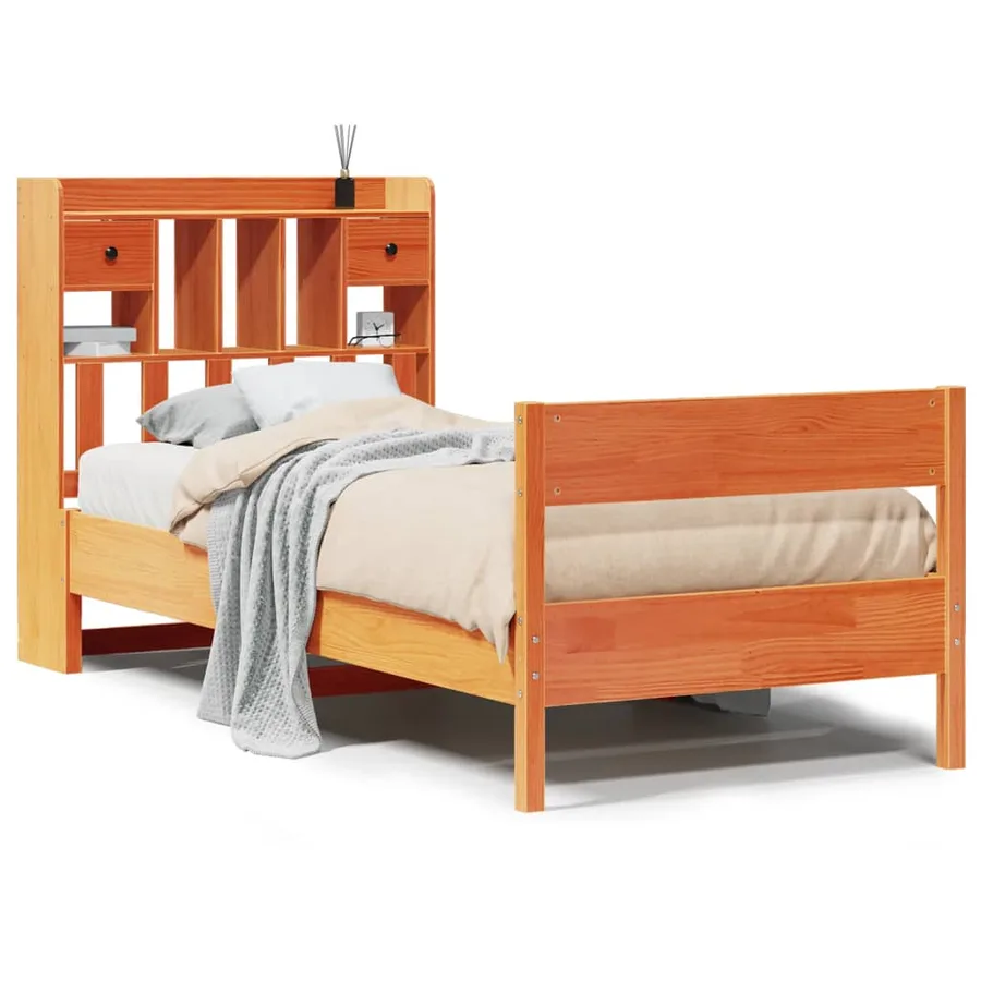 Lit bibliothèque sans matelas cire marron 75x190 cm pin massif - 2