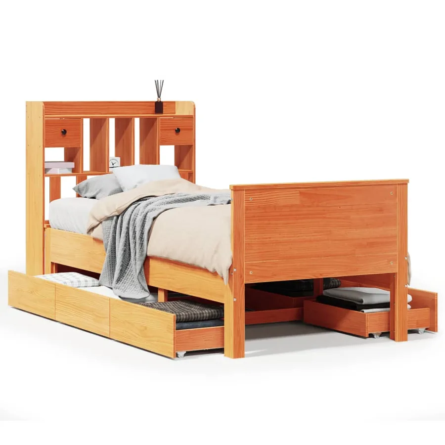 Lit bibliothèque sans matelas cire marron 75x190 cm pin massif - 2