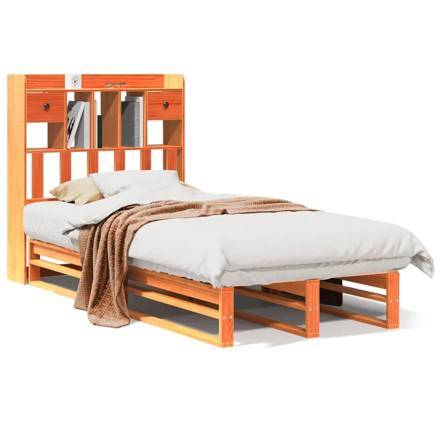Lit bibliothèque sans matelas cire marron 100x200 cm pin massif - 2