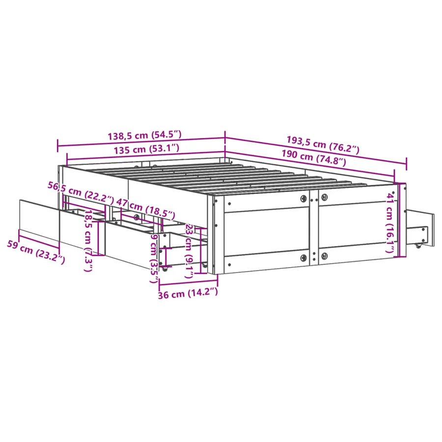 Cadre de lit sans matelas avec tiroirs 135x190 cm bois de pin - 14