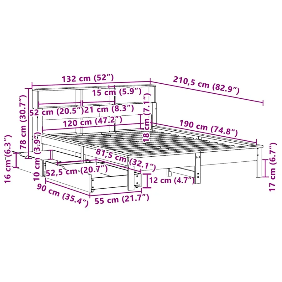 Lit bibliothèque sans matelas 120x190 cm bois de pin massif - 12