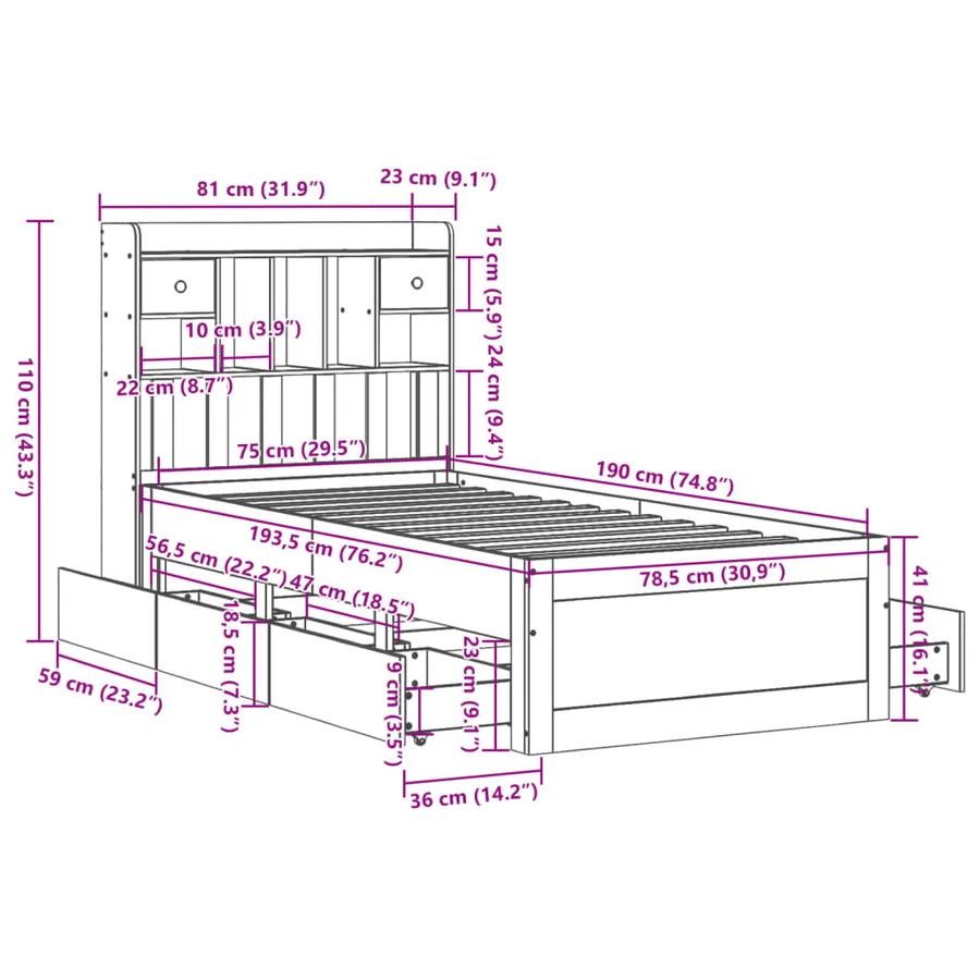 Lit bibliothèque sans matelas blanc 75x190cm bois de pin massif - 16