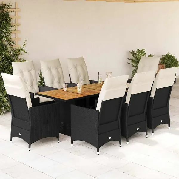 Ensemble à manger de jardin 9pcs coussins noir résine tressée