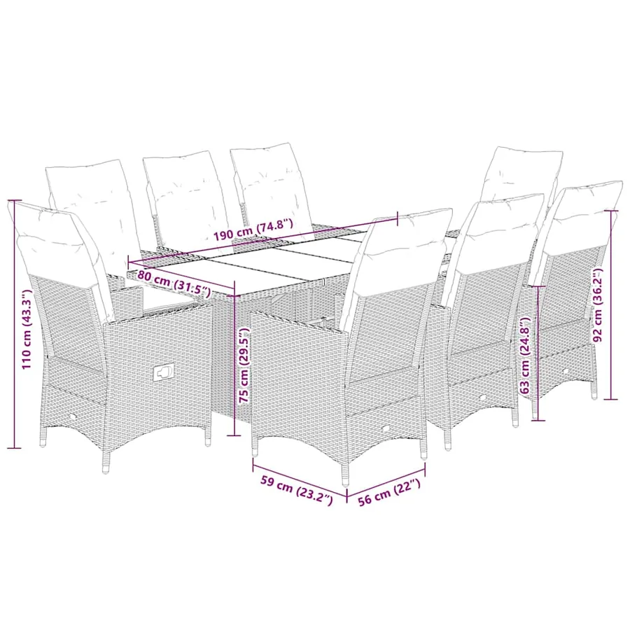 Ensemble à manger de jardin 9pcs coussins noir résine tressée - 7