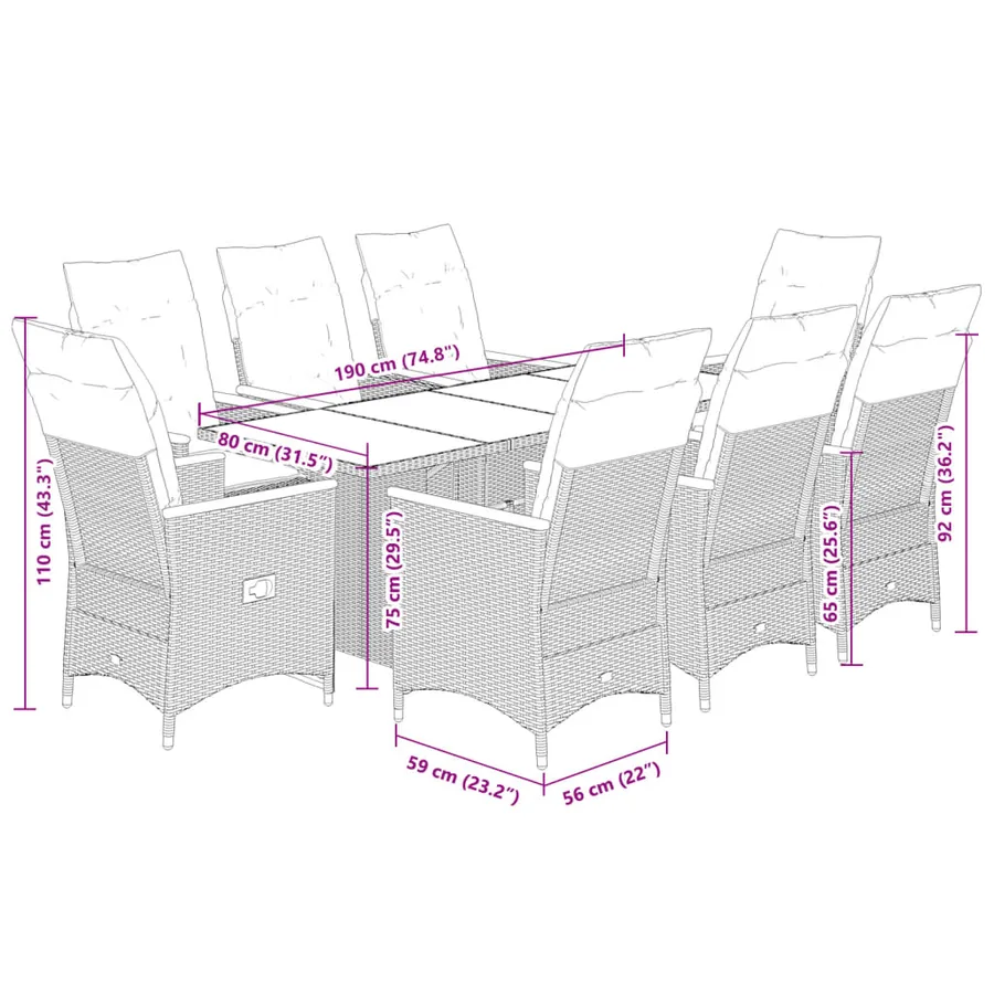 Ensemble à manger de jardin 9pcs coussins noir résine tressée - 7
