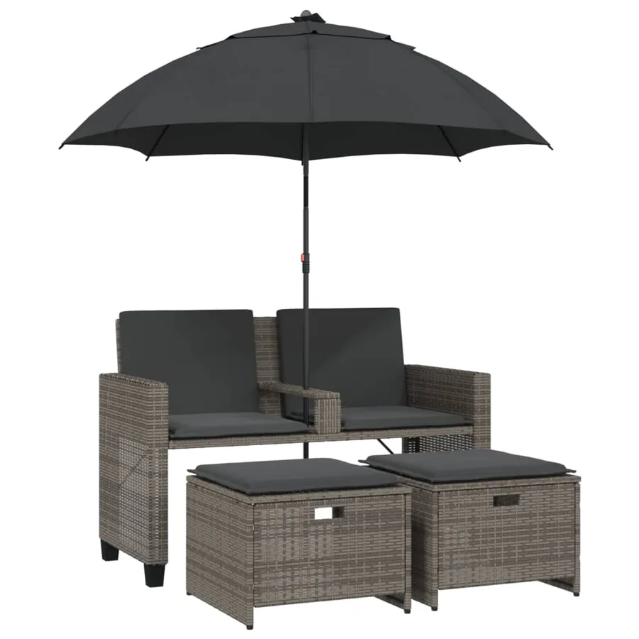 Canapé de jardin 2 places avec parasol et tabourets gris rotin - 2