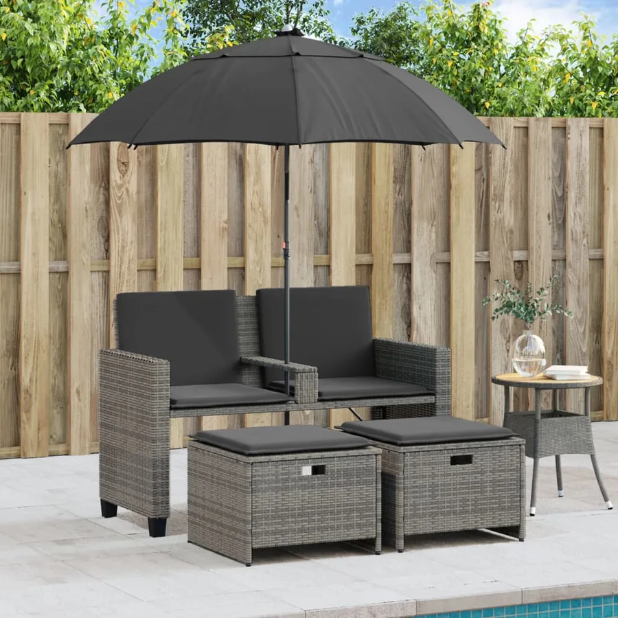 Canapé de jardin 2 places avec parasol et tabourets gris rotin - 3