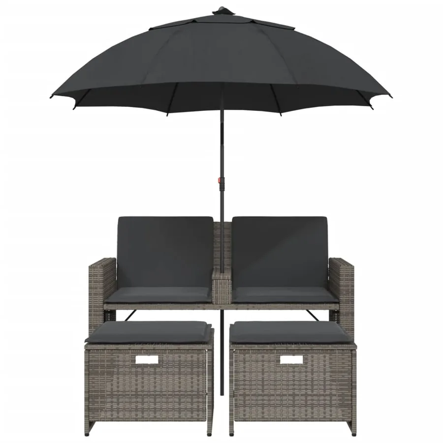 Canapé de jardin 2 places avec parasol et tabourets gris rotin - 4