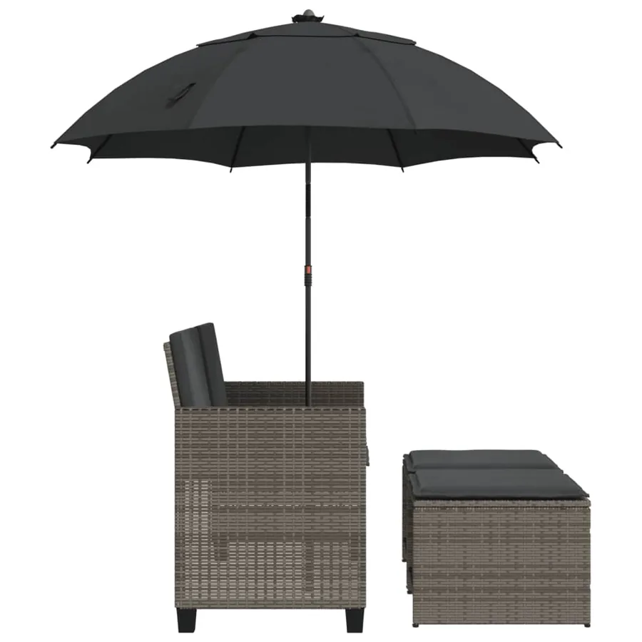Canapé de jardin 2 places avec parasol et tabourets gris rotin - 5