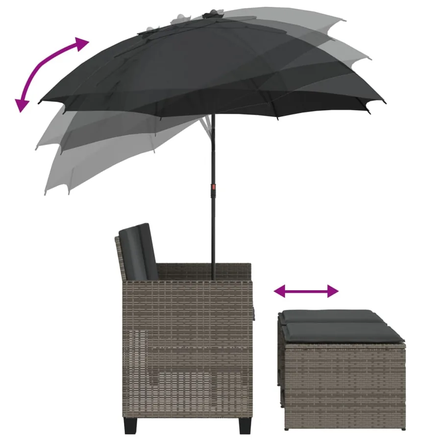 Canapé de jardin 2 places avec parasol et tabourets gris rotin - 8