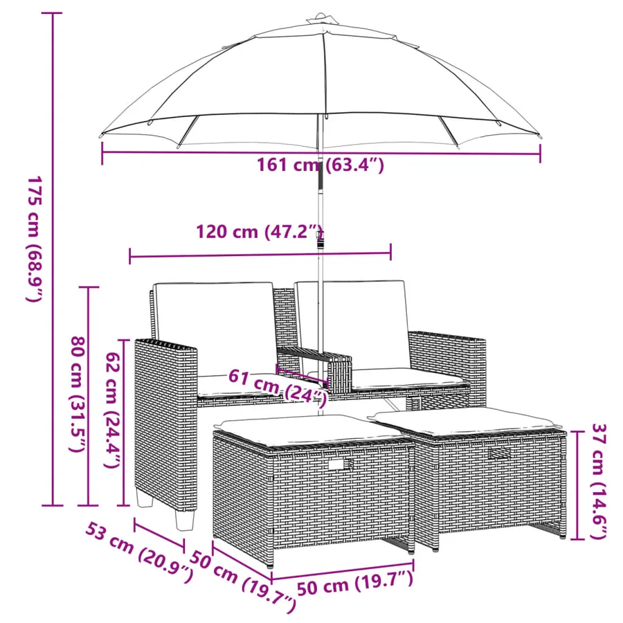 Canapé de jardin 2 places avec parasol et tabourets beige rotin - 12