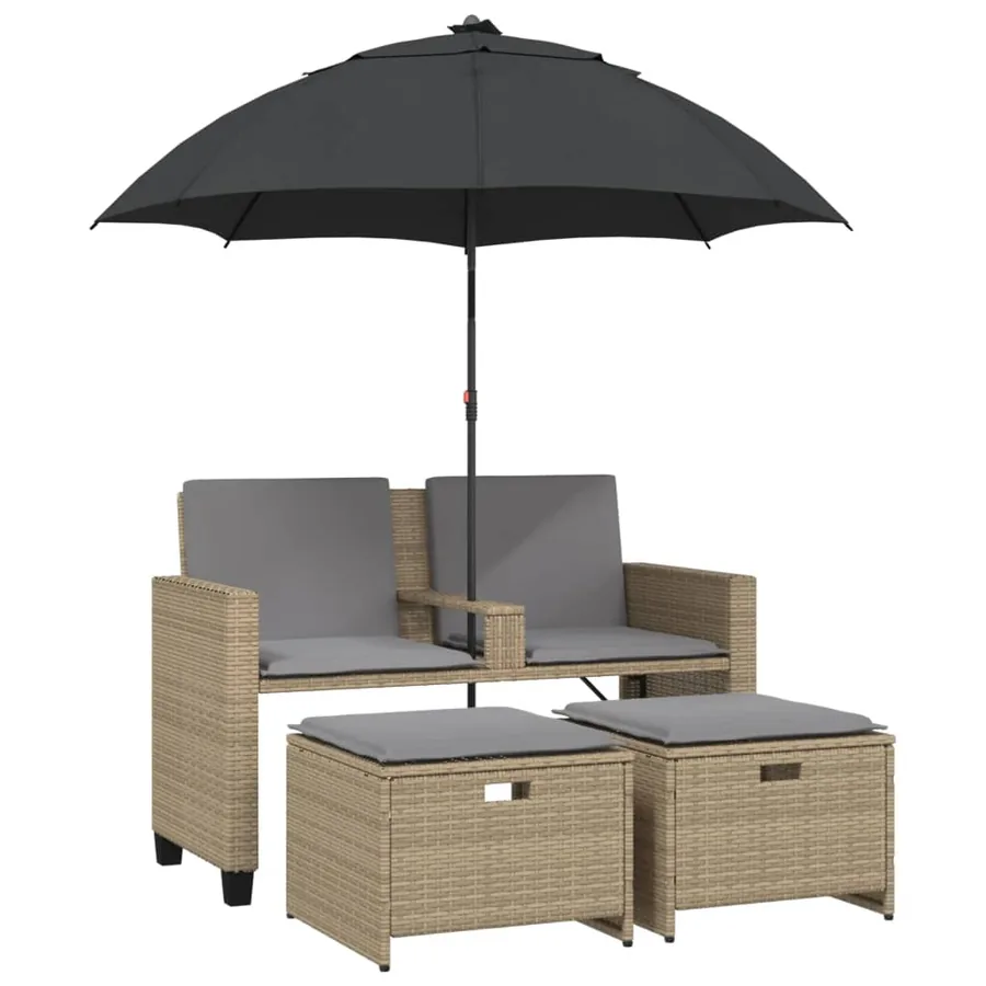 Canapé de jardin 2 places avec parasol et tabourets beige rotin - 2