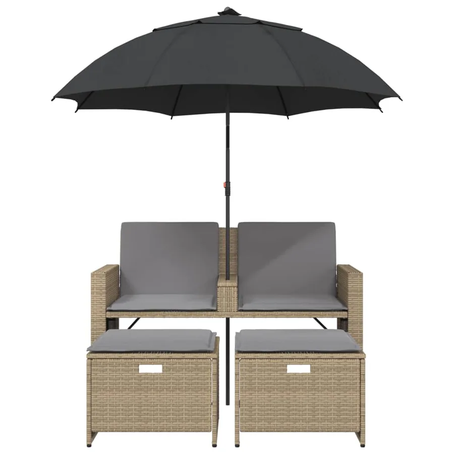 Canapé de jardin 2 places avec parasol et tabourets beige rotin - 4