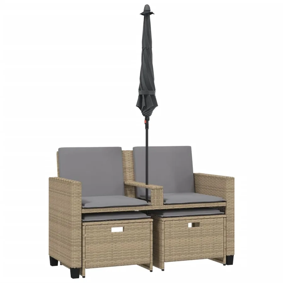 Canapé de jardin 2 places avec parasol et tabourets beige rotin - 7