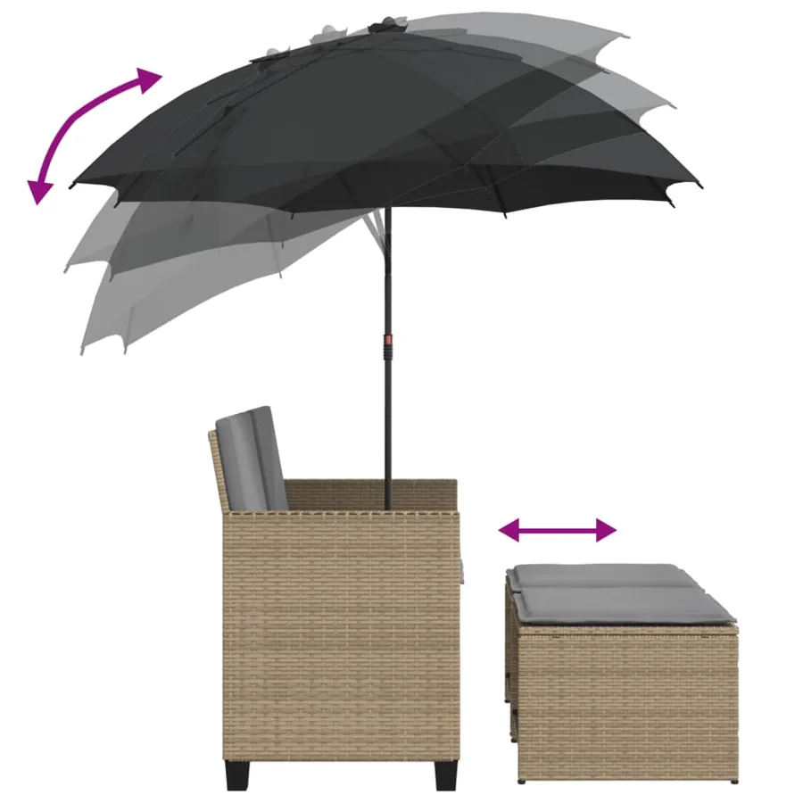 Canapé de jardin 2 places avec parasol et tabourets beige rotin - 8