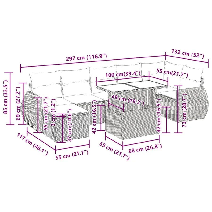 Salon de jardin 8 pcs avec coussins gris résine tressée - 18