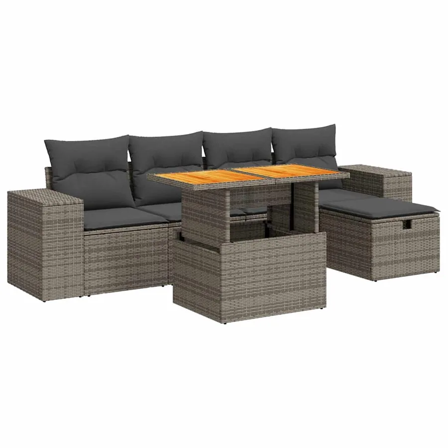 Salon de jardin avec coussins 6 pcs gris résine tressée acacia - 2