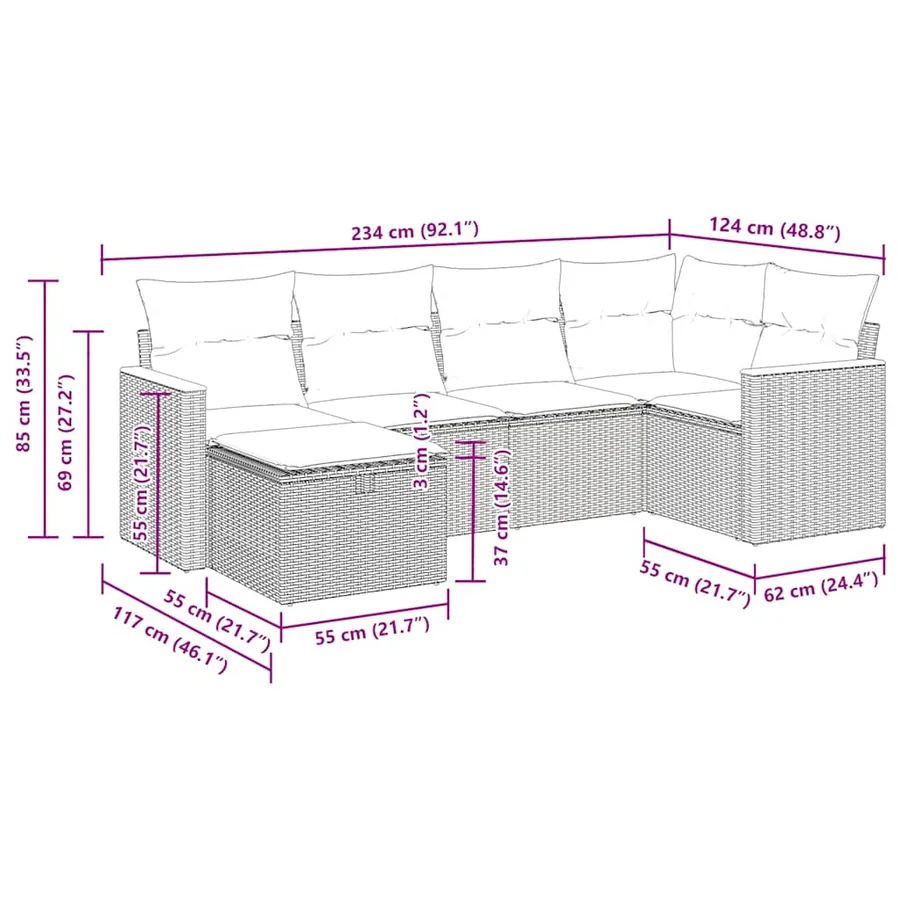 Salon de jardin 6 pcs avec coussins gris résine tressée - 14