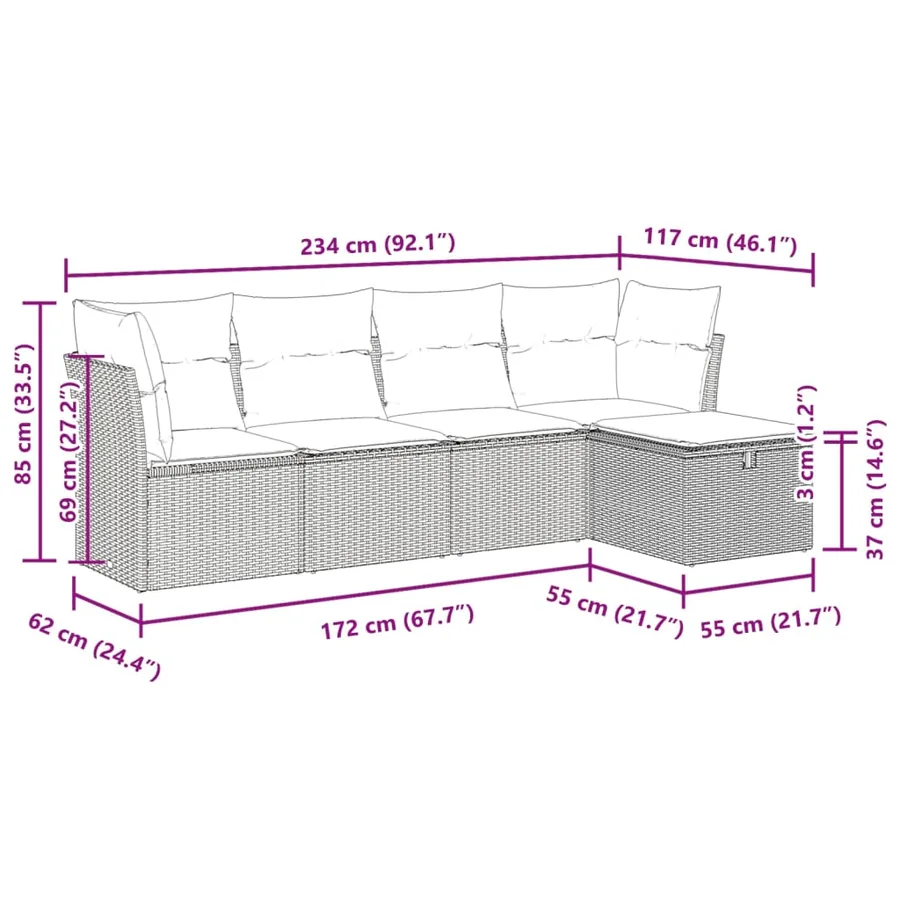 Salon de jardin 5 pcs avec coussins gris résine tressée - 11