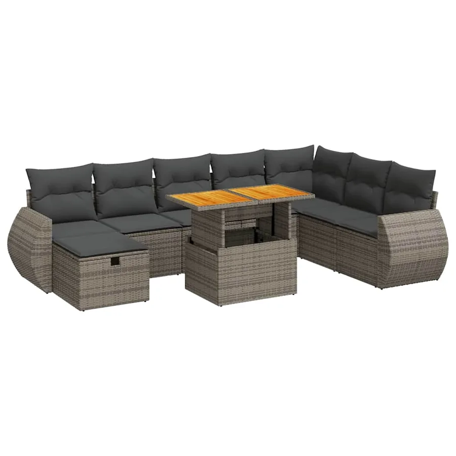 Salon de jardin avec coussins 9 pcs gris résine tressée acacia - 2
