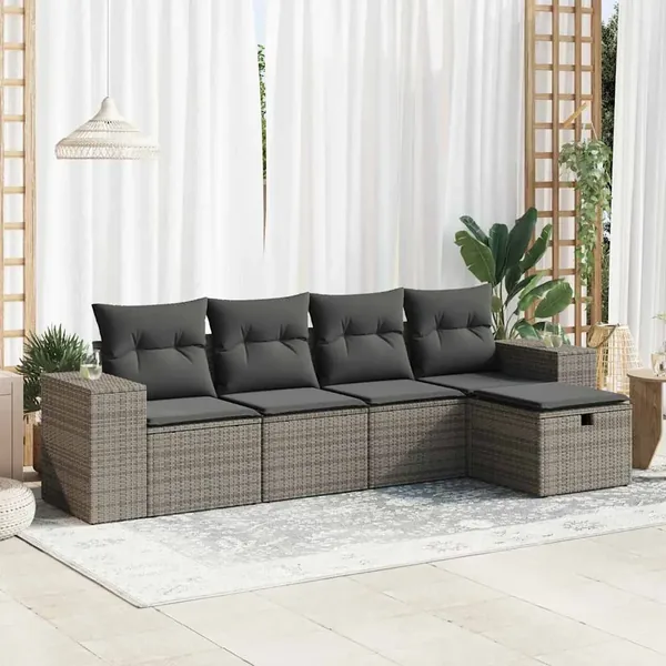 Salon de jardin 5 pcs avec coussins gris résine tressée