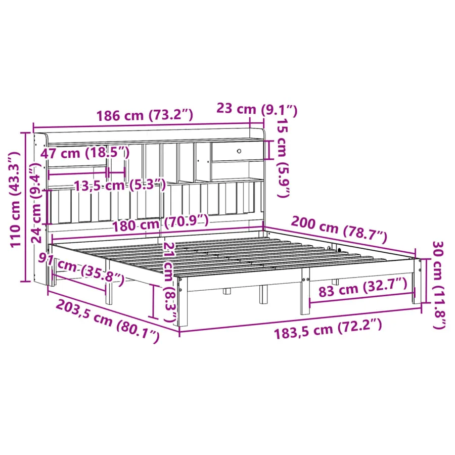 Lit bibliothèque sans matelas blanc 180x200 cm bois pin massif - 11