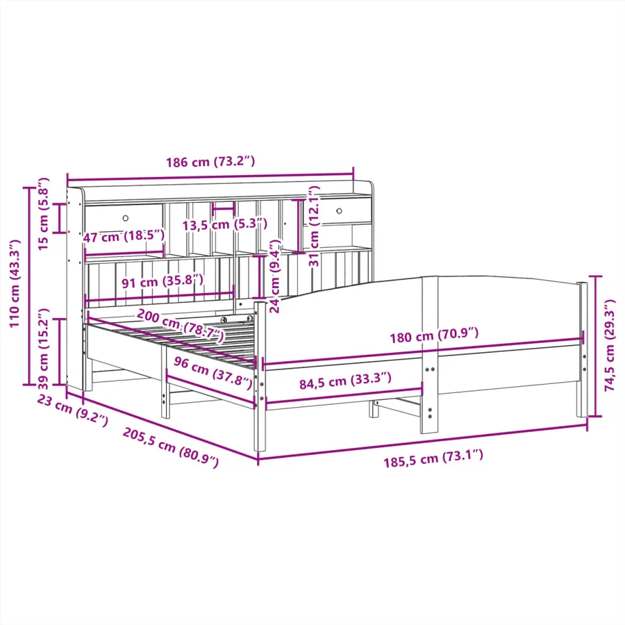 Lit bibliothèque sans matelas 180x200 cm bois massif de pin - 11
