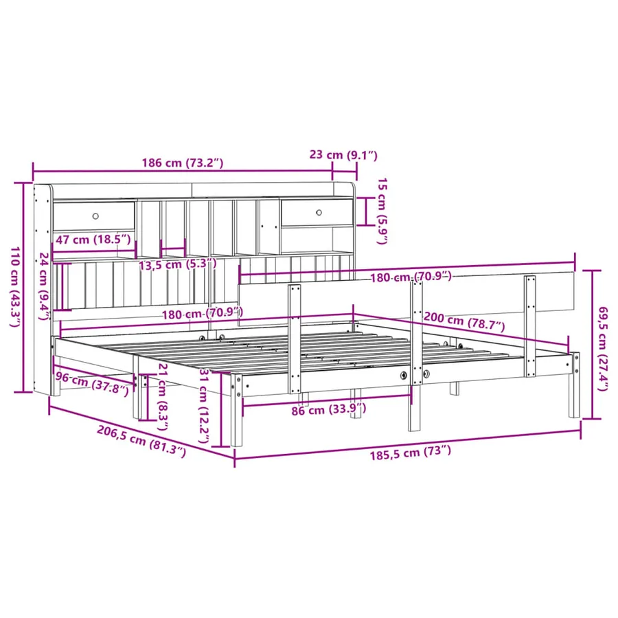 Lit bibliothèque sans matelas blanc 180x200 cm bois pin massif - 11