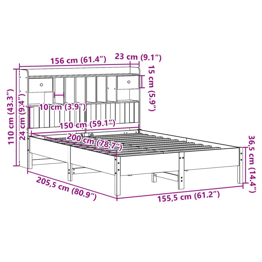 Lit bibliothèque sans matelas blanc 150x200 cm bois pin massif - 11