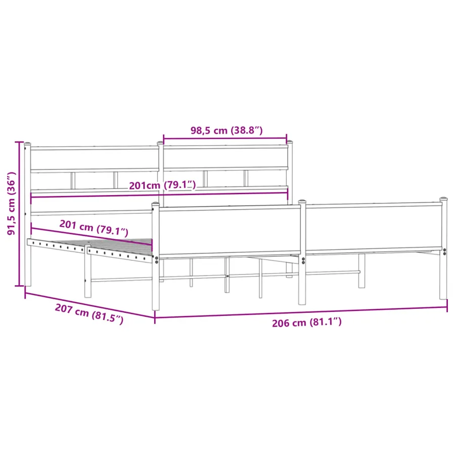 Cadre de lit en métal sans matelas chêne fumé 200x200 cm - 9