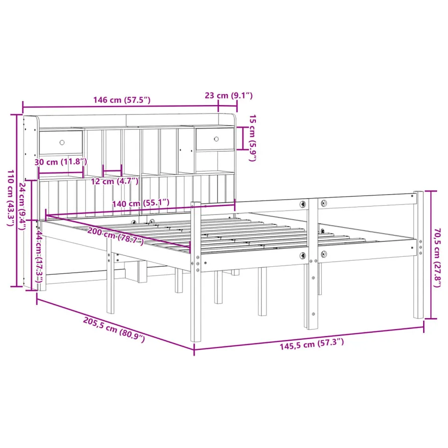 Lit bibliothèque sans matelas blanc 140x200 cm bois pin massif - 11