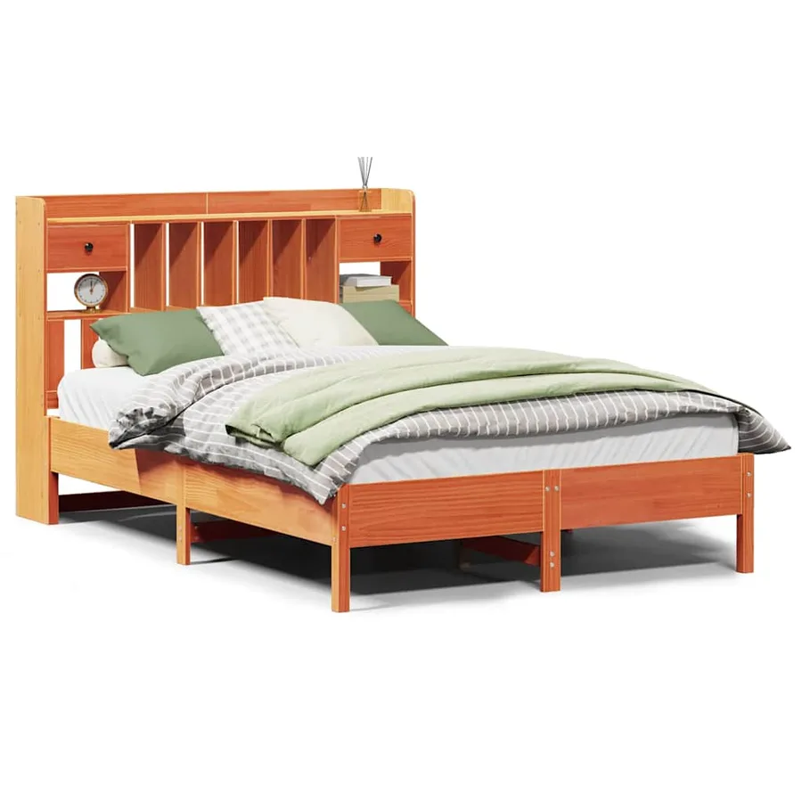 Lit bibliothèque sans matelas cire marron 160x200 cm pin massif - 2
