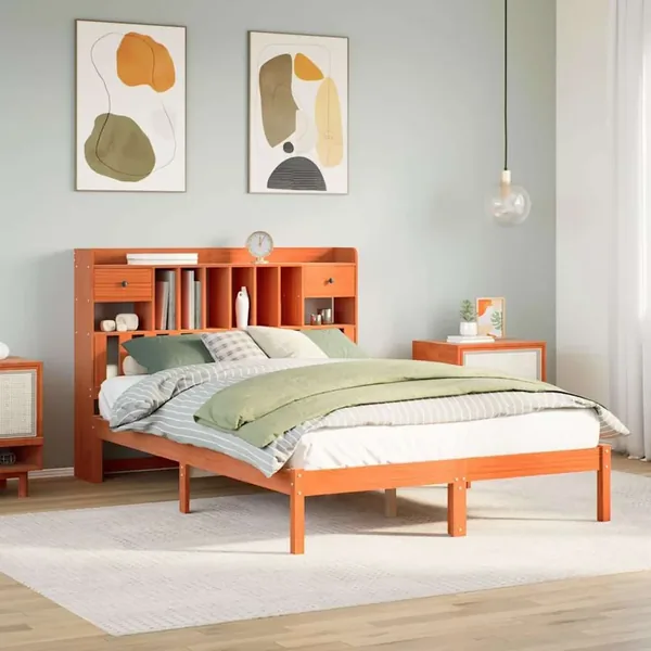 Lit bibliothèque sans matelas cire marron 140x190 cm pin massif