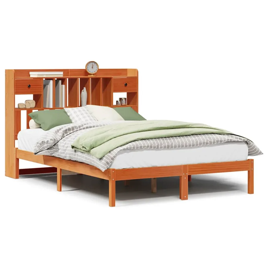 Lit bibliothèque sans matelas cire marron 140x190 cm pin massif - 2