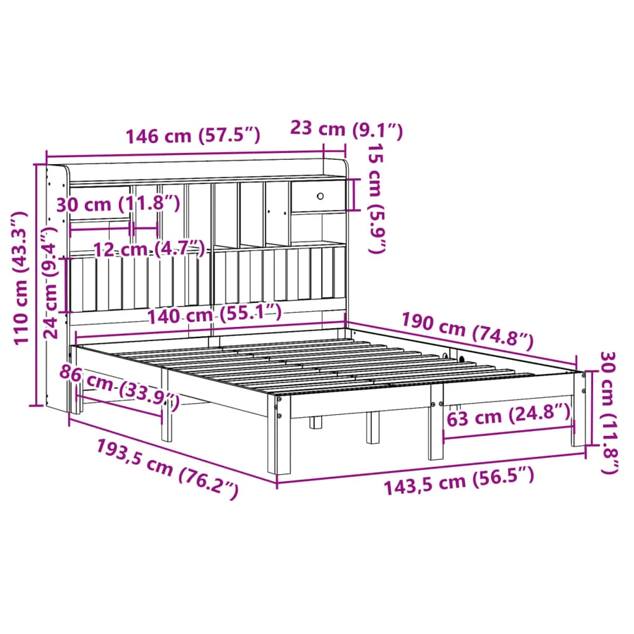Lit bibliothèque sans matelas cire marron 140x190 cm pin massif - 11