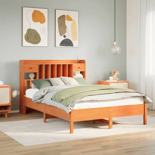 Lit bibliothèque sans matelas cire marron 135x190 cm pin massif