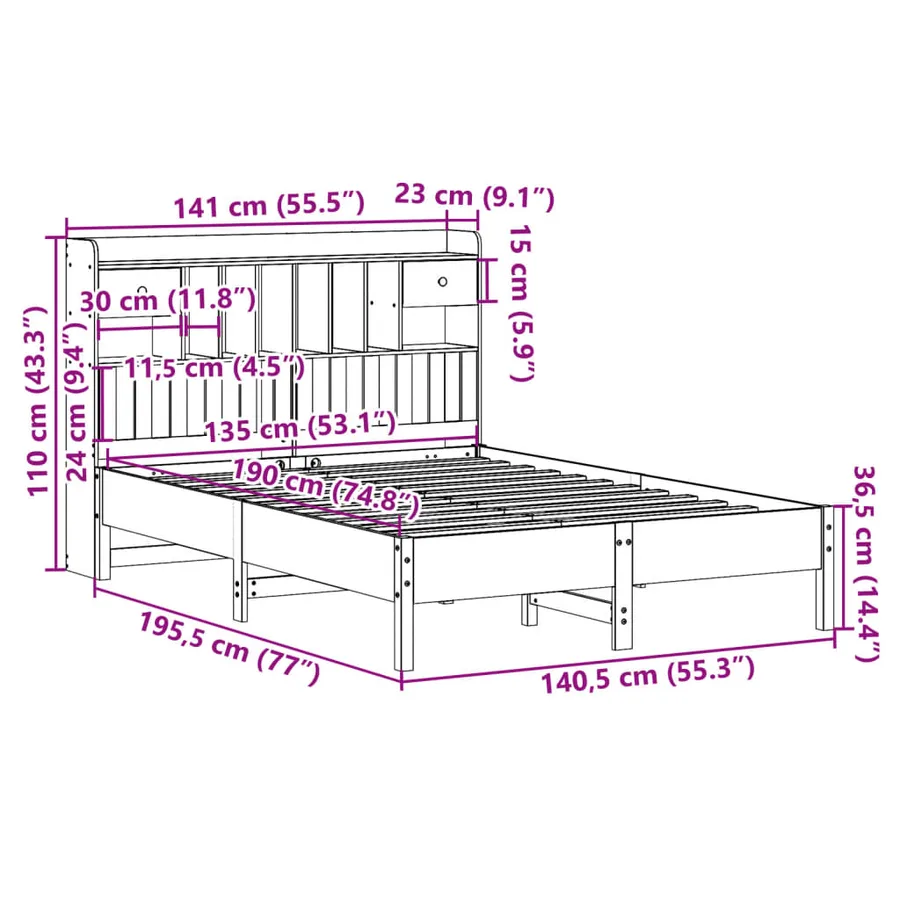 Lit bibliothèque sans matelas cire marron 135x190 cm pin massif - 11