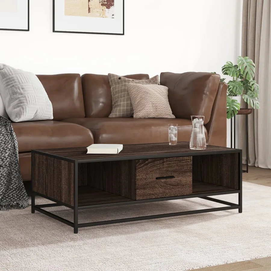 Table basse chêne marron 100x57x35cm bois d'ingénierie et métal - 3
